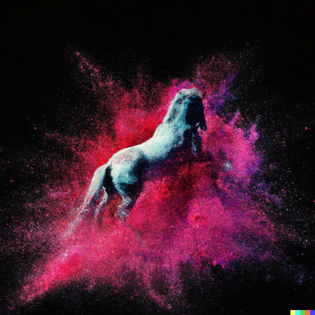 a horse, made from a burst of colored powder, digital art